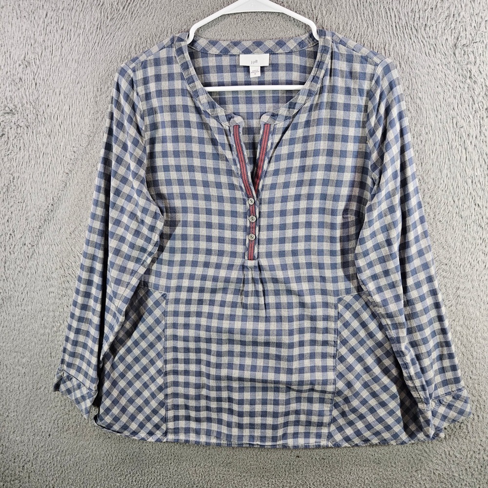 J. Jill Womens Blue‎ Gray Gingham Check Peplum Tunic Blouse Top Size M